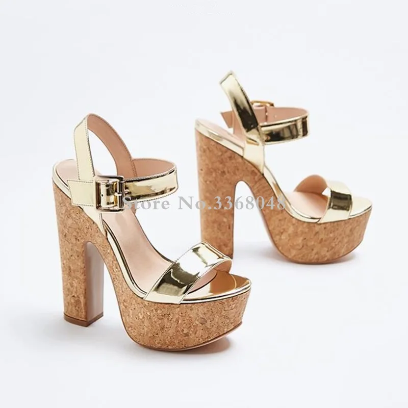 Newest Golden Wooden High Thick Heels Woman Sandals 5 CM Platform 15 CM High Heels Peep Toe Shoes Woman Party Dress Shoes