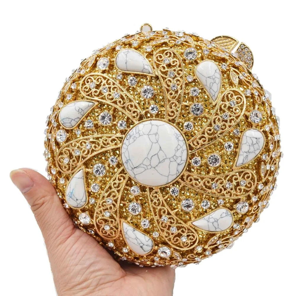 

Roundness Gold Clutch Bags Party Evening Bags Golden Metal White Dinner Purse Bags SC904