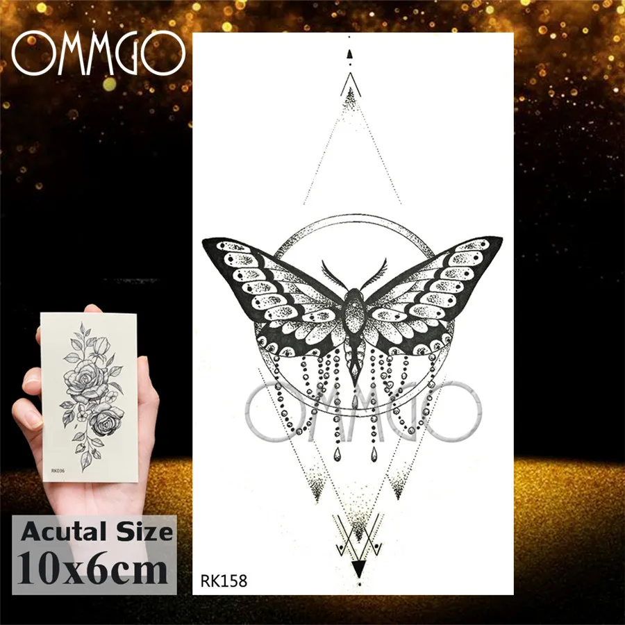 OMMGO Geometric Butterfly Moth Pendant Temporary Tattoos Sticker Anchor Diamond Circle Rhombus Tatoos Body Art Black Fake Tattoo