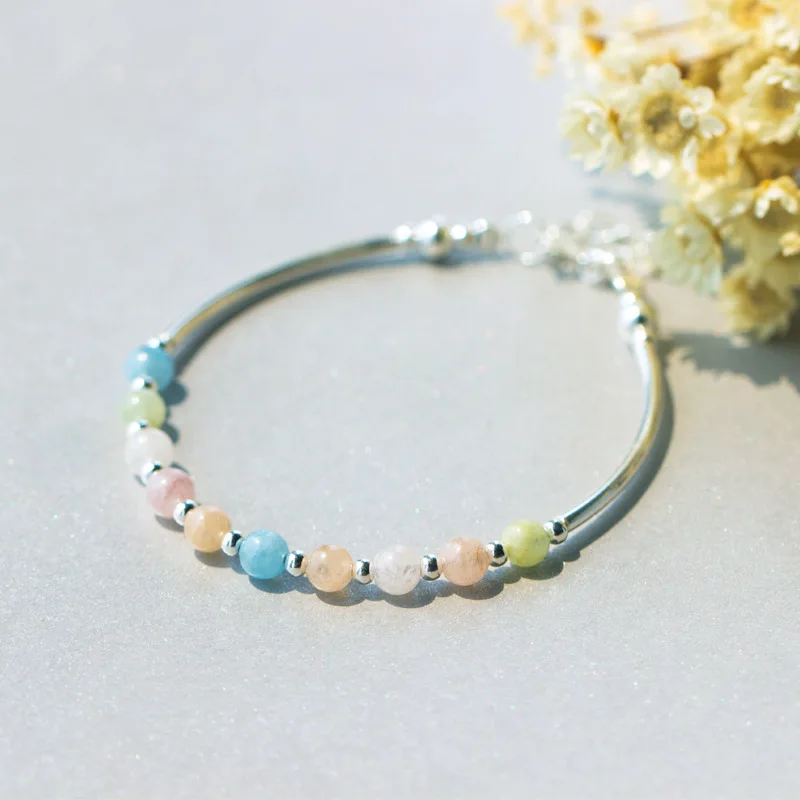 TOYOOSKY Fashion Women 925 Sterling Silver Multicoloured Nature Morganite Stone Bracelet Candy Crystal Bracelets