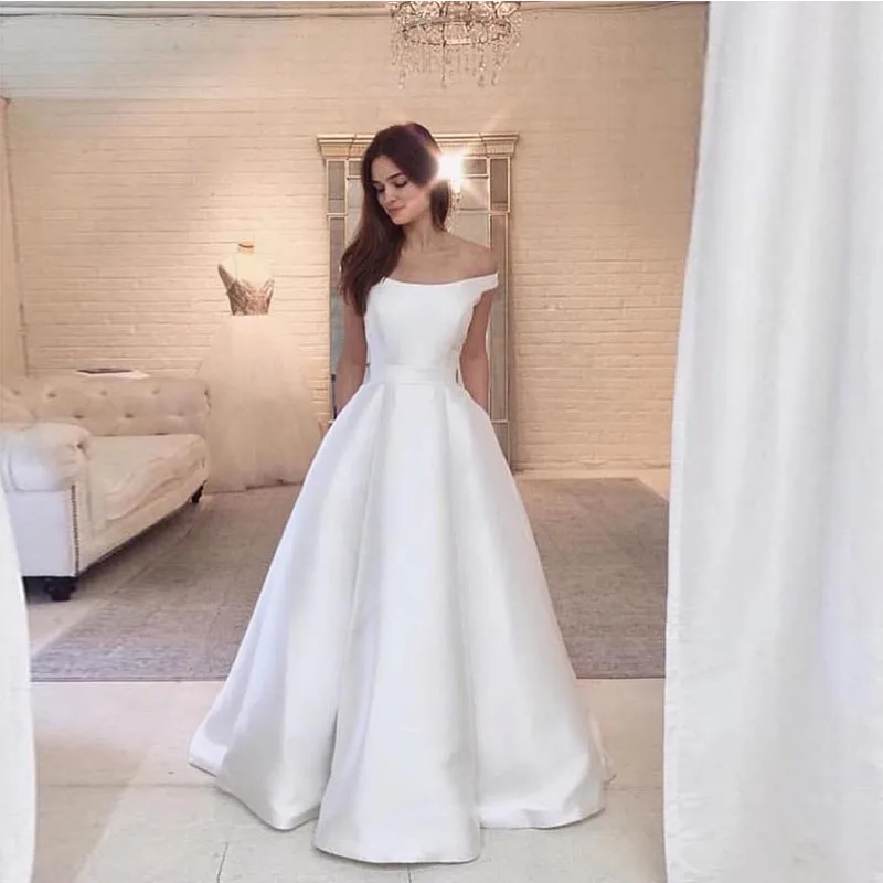 Vintage Boat Neck Wedding Dress Princess A-line Vestido De Noiva Simple Satin Full Length Off Shoulder Bridal Gowns Cheap 2019