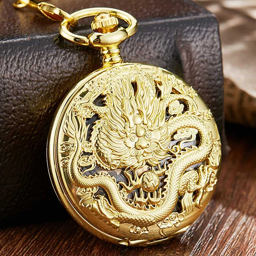 Luxury Mechanical Pocket Watch with Chain Golden Dragon Laser Engraved Hand-wind Pendant Clock Men Bronze Gold Flip Fob Watches