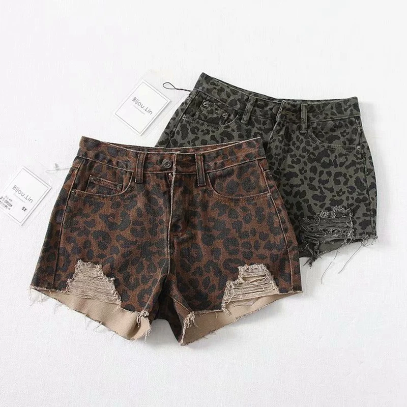 2021 summer jean shorts women summer korean distressed leopard ripped high waist denim shorts feminino high waist shorts jeans