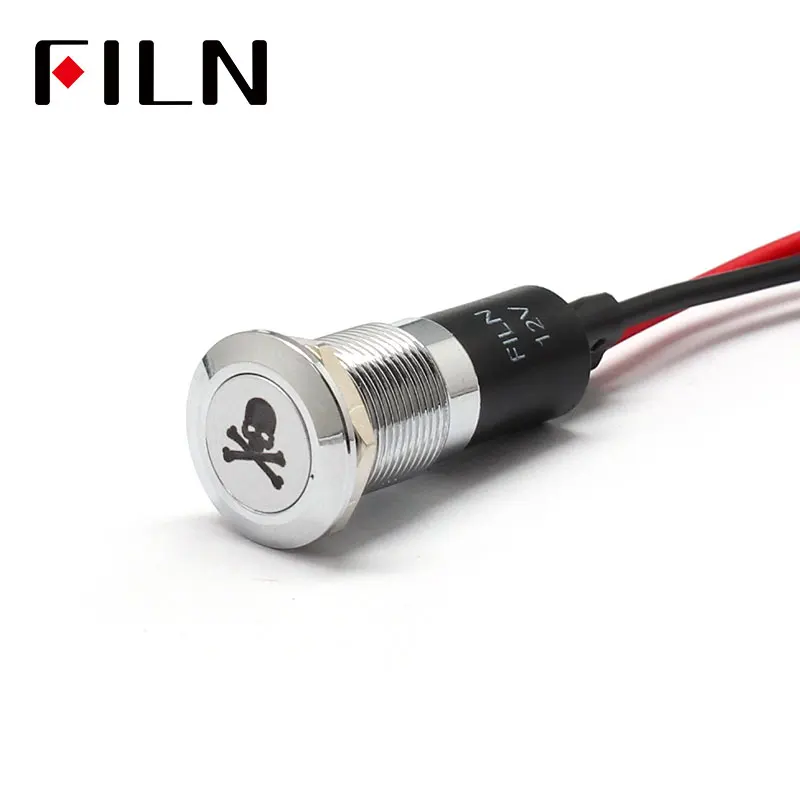 FILN-luz indicadora led para salpicadero de coche, 12mm, símbolo de Calavera, rojo, amarillo, blanco, azul, verde, 12v, con cable de 20cm