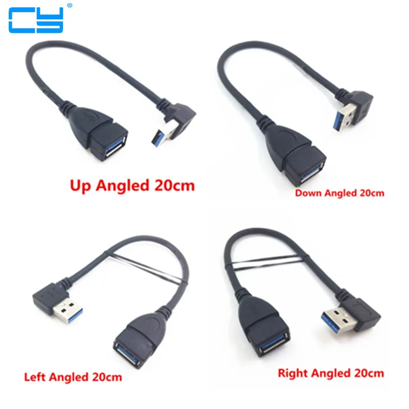 Cable de extensión USB 3,0 de alta calidad, USB 3,0, macho A hembra, 90 grados, izquierda, derecha, arriba y abajo, extensor en ángulo, negro, 20cm