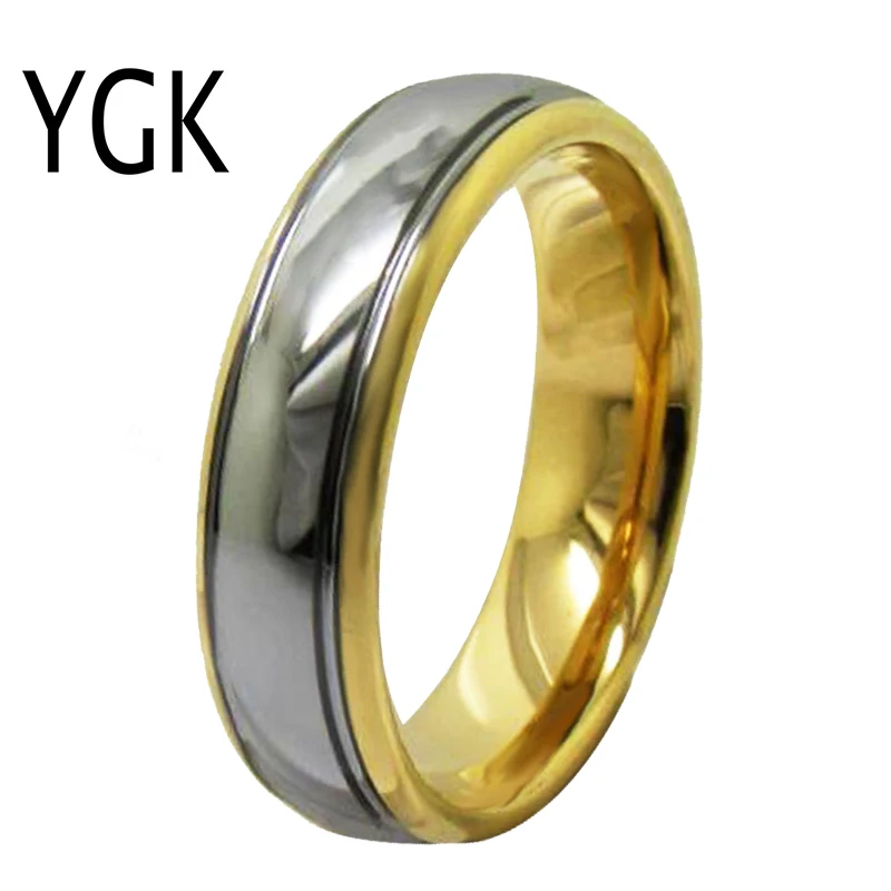 YGK Jewelry Silver Finished Center With Grooves Golden Dome Tungsten Wedding Ring For Men & Women Bridegroom Ring Free Engrave