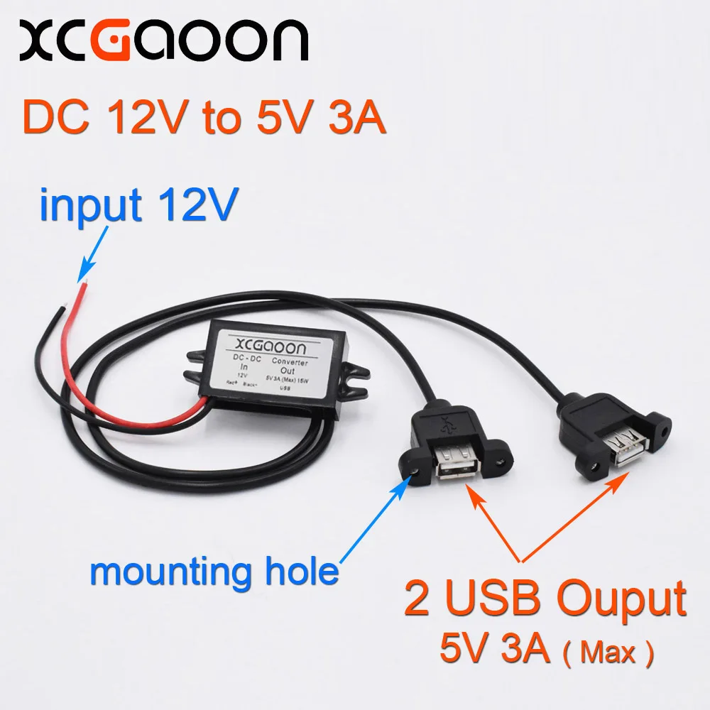 XCGaoon Dual 2 USB DC-DC Car Converter Module Cable With Mounting Hole input DC 12V To USB Ouput 5V 3A 15W Power Adapter