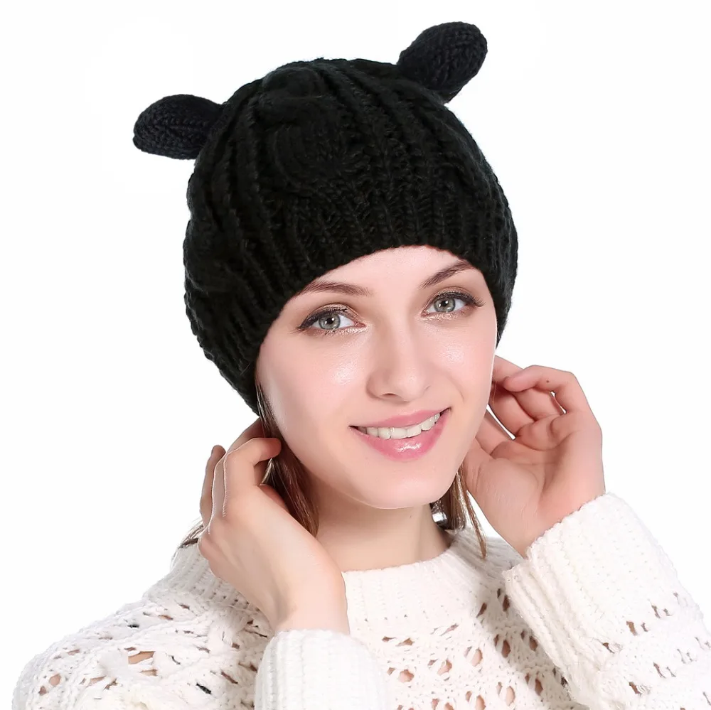 Knitted Gorros Winter Warm Cartoon Cat Ears Hats for Knit Beanie Hat Braided Cap for Girls Wool Hat Female Skullies Stocking Hat