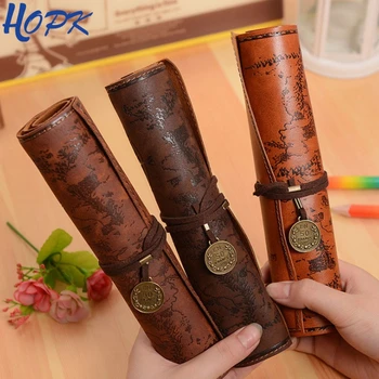 Vintage retro mapa do tesouro lápis casos para menino menina escola artigos de papelaria rolo saco de lápis pencilcase compõem saco cosmético
