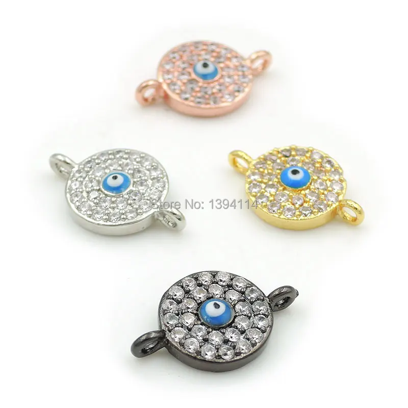 16*10*3mm Micro Pave Clear CZ Round Connector With Enamelling Blue Eye Fit For Women As DIY Bracelets Accessory