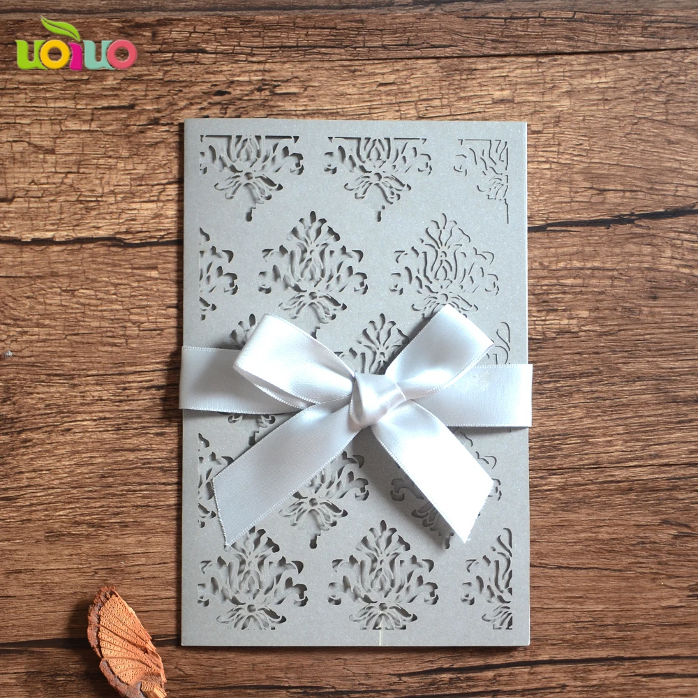 

10set silver Laser Cut Wedding Invitation Card Greeting Personalized Custom With Ribbon Free Envelope & Seals Party Supplies