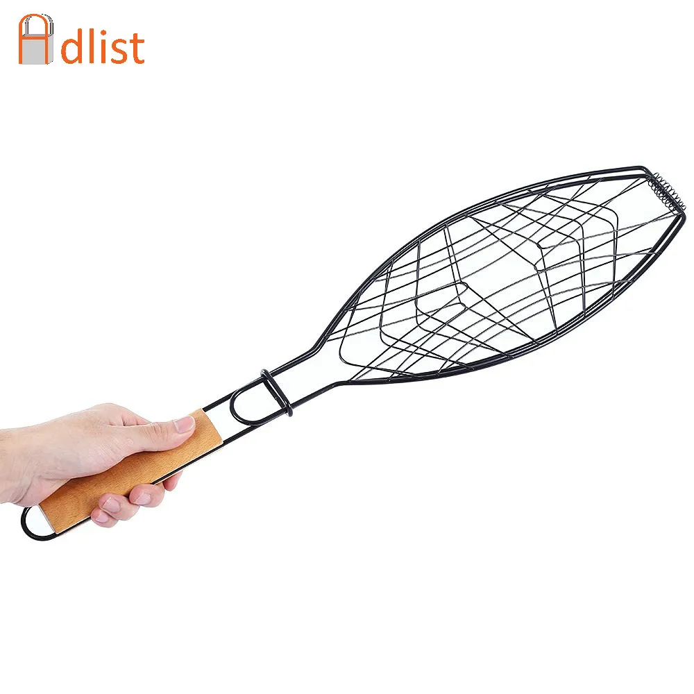 Fish Grilling Basket Non-stick  BBQ Meshes Camping Grill Rack Single Fish Basket w/Wood Handle Barbecue Fish Grilled Folder Clip