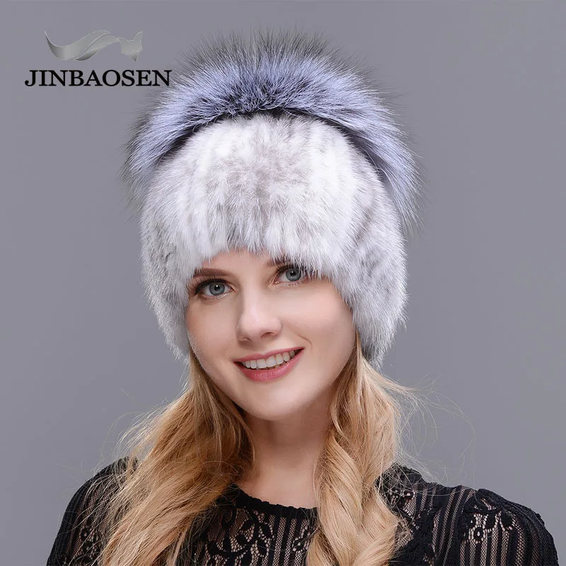 JINBAOSEN Style Winter Female Fur Hat Mink Fur Plus Fox Fur Stitching Knit Liner Fur Ski Hat Free Shipping