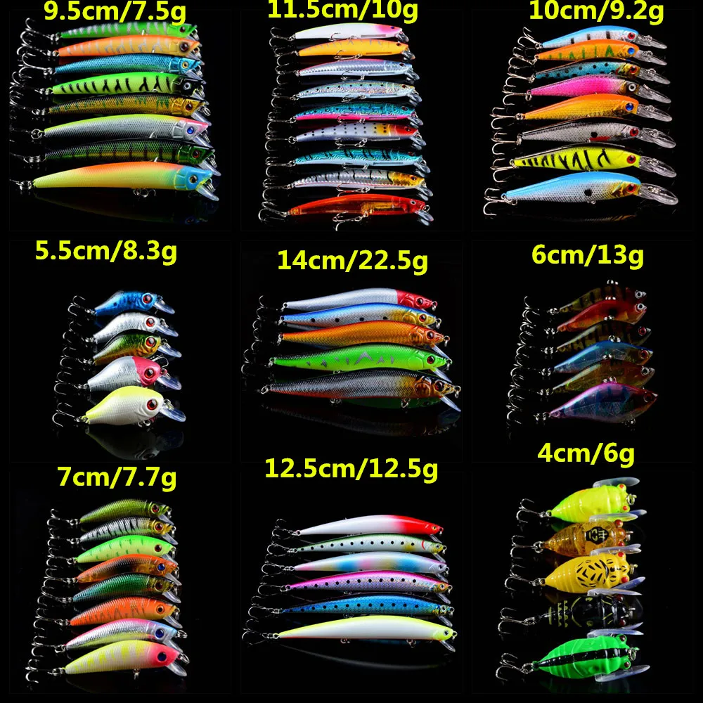 

61pcs/lot Wobbler Fishing Tackle Mixed Minnow/Crank/VIB and Cicada Bait 9 Models 61 Colors Plastic Hard Baits Wholesale H-T123