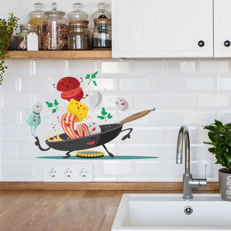 Cartoon Happy Pan Kitchen Wall Sticker For Kitchen Beautify Fridge Cupboard Decoration Decals Removable Home Decor Art Wallpaper