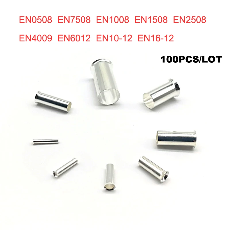 100pcs Copper tube bare cord end terminals Electrical crimp naked terminal wire connectors EN0508~EN16-12 cable ferrules 22-4AWG