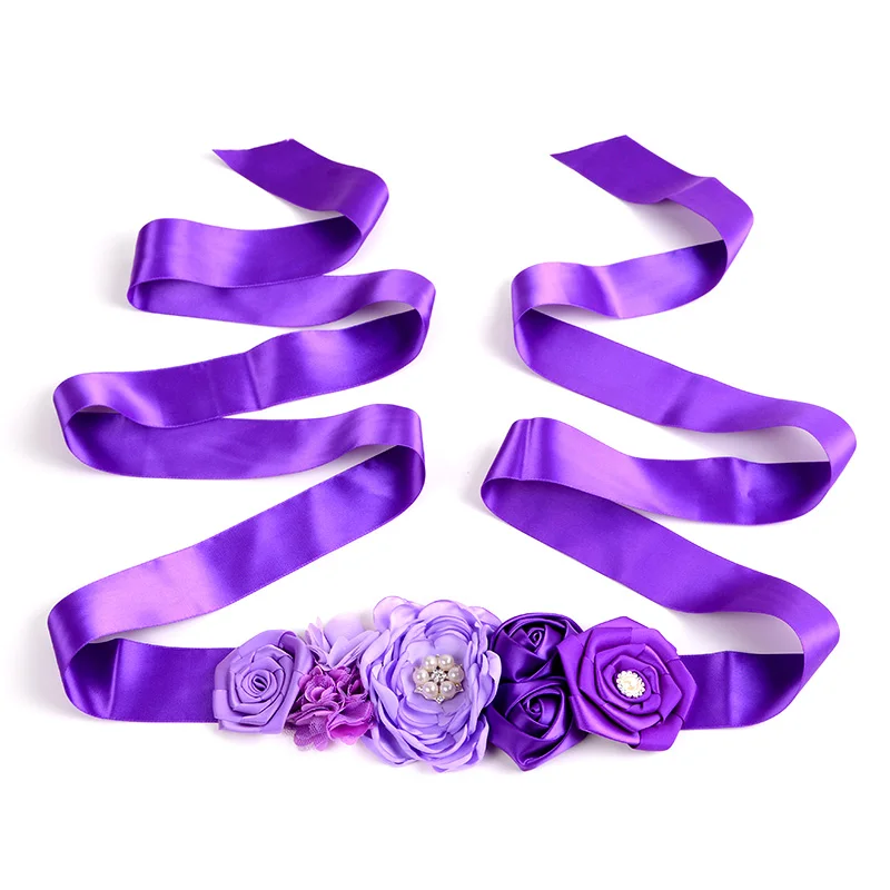 

Purple Kids Flower Belt Girls Wedding Flower Girl Sash Belt for Dress Satin Rhinestone Maternity Sash Photo Prop Baby Shower