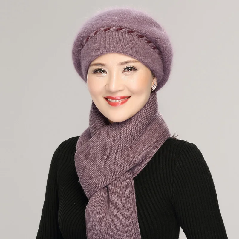 

Middle-aged Female Rabbit Wool Hat Women Winter Warm Mother Grandmother Scarf Lady Elegant Fashion Fur Beanies Knit Hats H7153