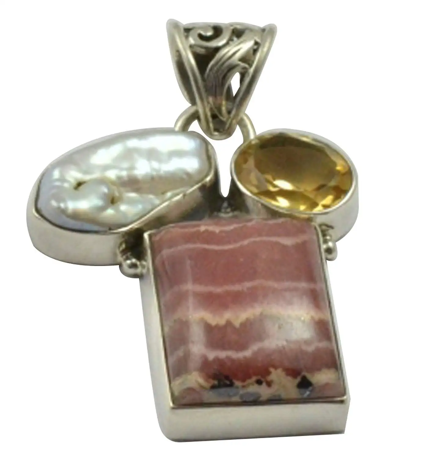 Lovegem Nature Rhodochrosite & Biwa Pearl Pendant 925 Sterling Silver, 41.4 mm, MHBAP4900