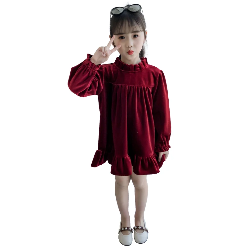 Hot Girls Retro Golden Velvet Dress Spring Fall Kids Long Sleeve Lace Ruffles Princess Dresses Children One Piece Clothes P37