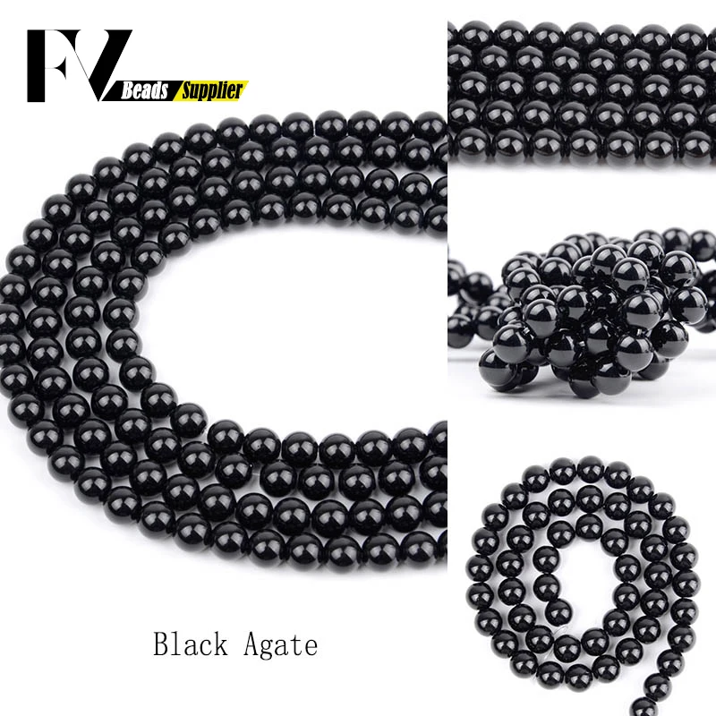 Natural Stone Smooth Black Agates Gem Beads Round Loose Besds for Jewelry Making 4 /6/8/10/12mm Diy Bracelets Accessories 15''