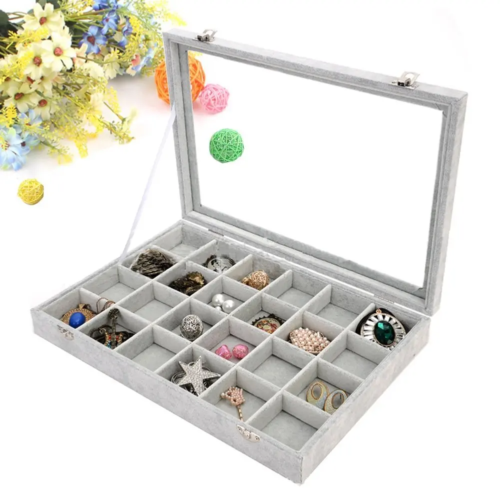 

24 Grid Jewelry Tray Showcase Display Storage Jewelry Box with Clear Lid