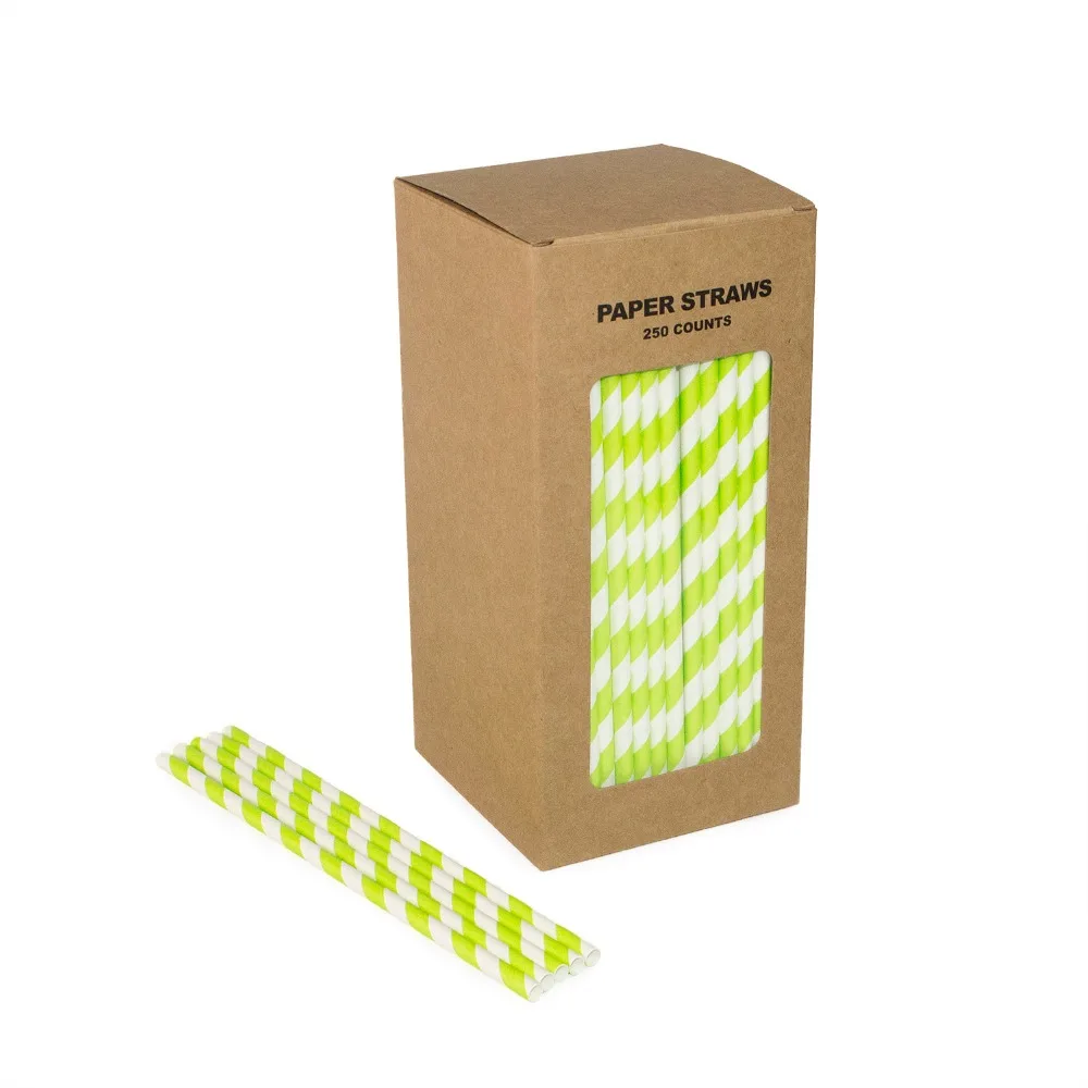 

Free Shipping 100% Biodegradable Paper Straws Stripe Bright Apple Green Drink Straws 250 Counts Box