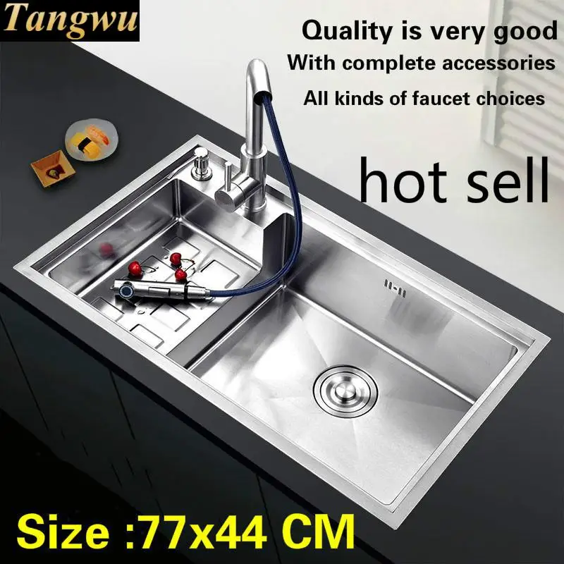 

Free shipping Luxury standard multifunction kitchen manual sink single trough durable 304 stainless steel big hot sell 77x44 CM