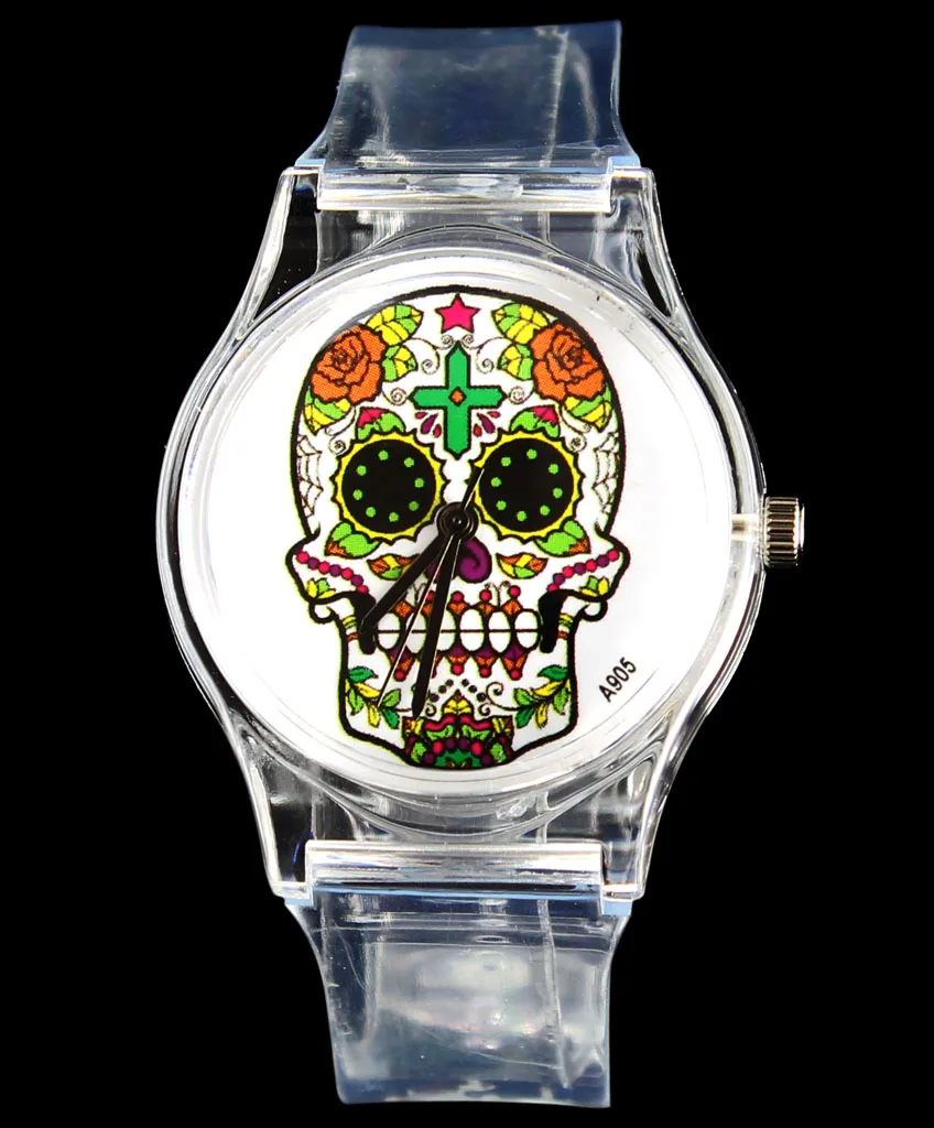 Reloj de cuarzo para hombre y mujer, pulsera con diseño de rosa, flor, Calavera, esqueleto, corazón, diablo malvado, banda transparente, color blanco