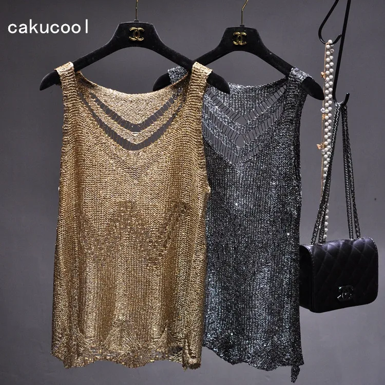 

Cakucool New Gold Lurex Knitted Summer Clothes Hollow out Holes Sexy Tank Top Camis Bling Basic Camisole Vintage Shirt Women