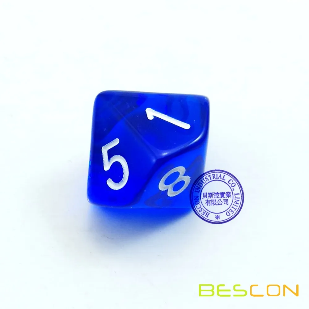 Bescon Polyhedral 10 Sides Dice with Number 1-10, Blue Transparent 10 Sided Dice, 10 Sides Cube 1-10, 10pcs Set