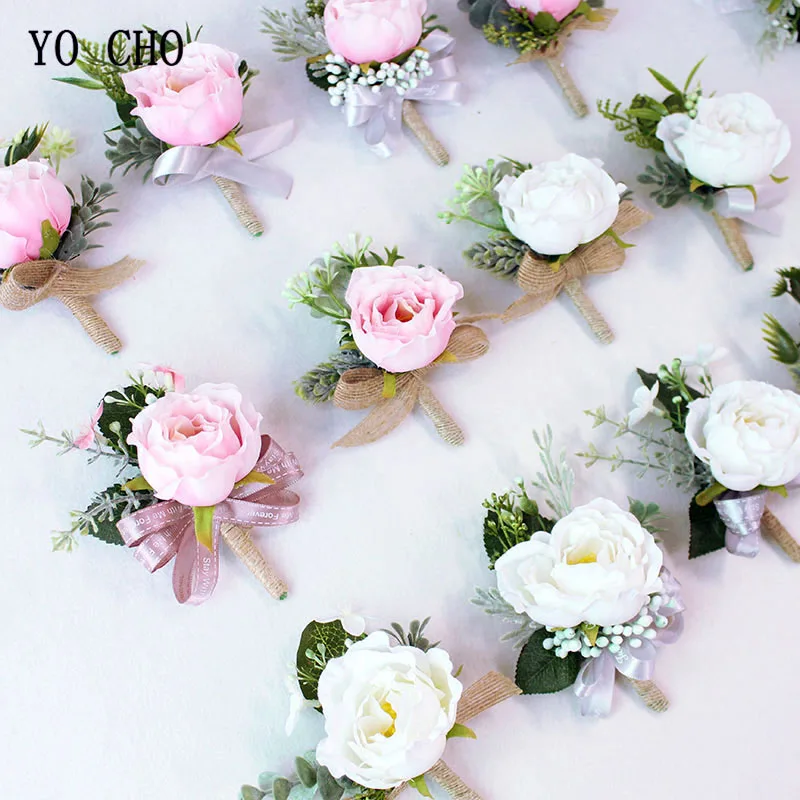 YO CHO-Corsages de muñeca de boda, traje de flores, decoración de boda, rosa de seda, flor de novio, alfileres de broche de boda, graduación, blanco y rosa