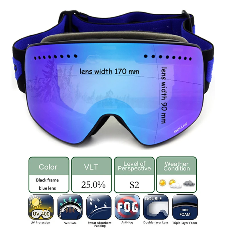 BOLLFO marque magnétique lunettes de Ski Double lentille alpinisme lunettes UV400 Anti-buée lunettes de Ski hommes femmes motone