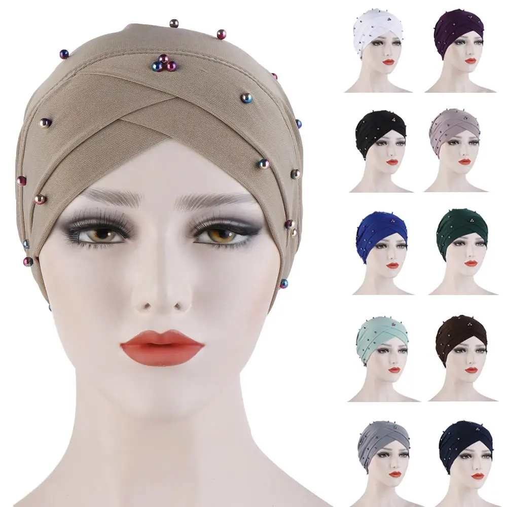 India Turban Muslim Women Chemo Cap Cross Beads Scarf Head Wrap Bonnet Cancer Hair Loss Headscarf Beanie Cover Fashion Hats Caps