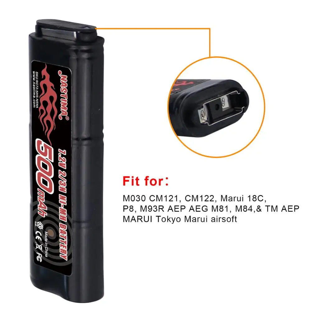 Nastima 6S 2/3N 7.2V 500mAh Ni-MH Battery for CM030 CM121, CM122, Marui 18C,P8, M93R AEP AEG M81, M84,& TM AEP Airsoft Guns Toys