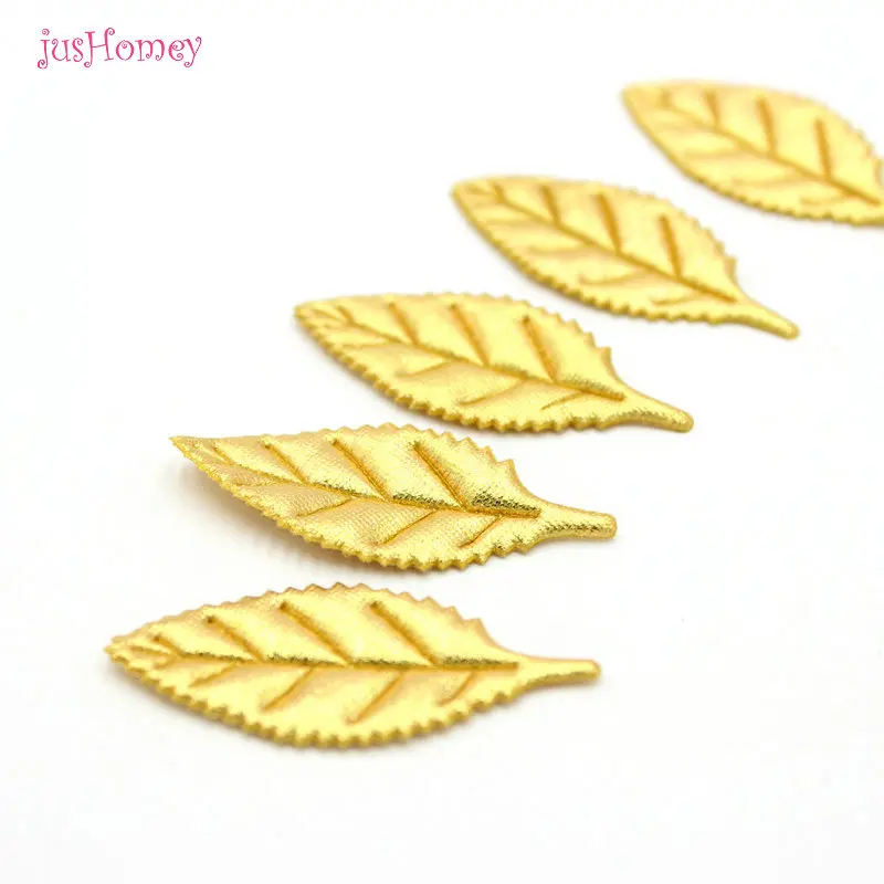 200PCS Metallic Gold Soft Fabric Tree Leaf Appliques Single-sided Embossed Laurel Leaves for Home Garlands,Wreath, Party Decor