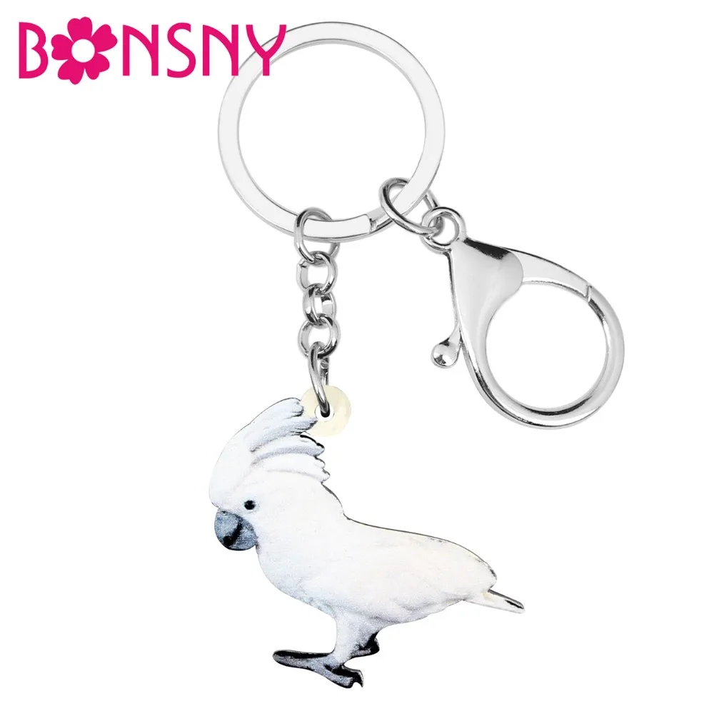 Bonsny Acrylic Cute White Cockatoo Bird Key Chain Keychain Ring Fashion Pet Jewelry For Women Girl Bag Purse Pendant Decoration