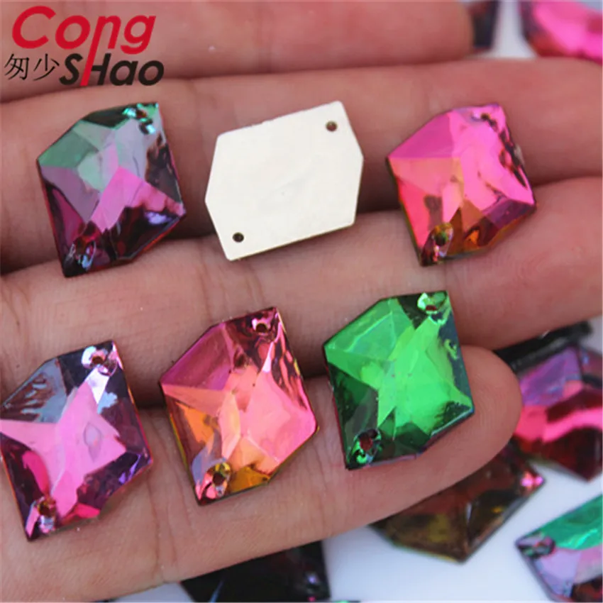 Cong Shao 100pcs 13*17mm AB Color cosmic shape flatback Acrylic rhinestone stones crystals sewing 2 Hole costume Button CS606