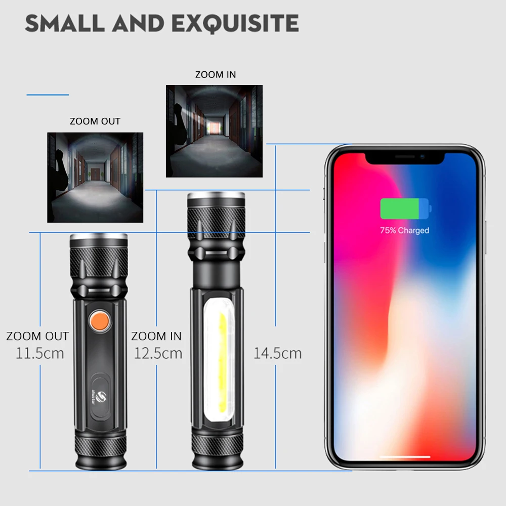 Waterproof Rechargeable LED Flashlight COB Work light Torch 4 lighting modes Support zoom Used for camping, cycling, work, etc