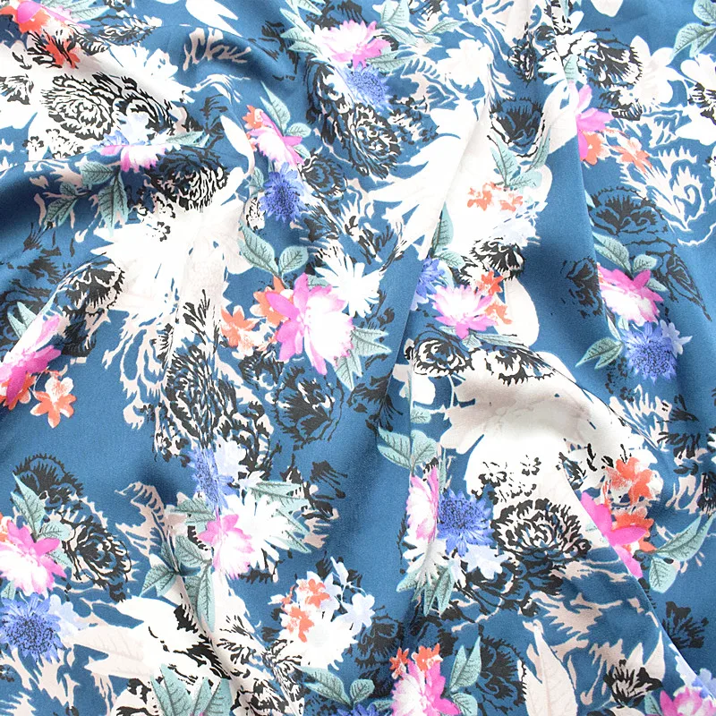 New satin chiffon fabric spring and summer printing fabric ink blue plant flowers do not pass through the high-grade