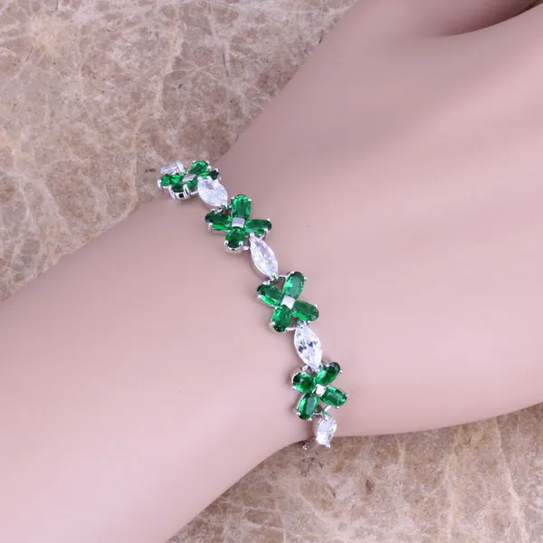 Green Cubic Zirconia White CZ Silver Plated Link Chain Bracelet 6 - 7.5 inch S0362