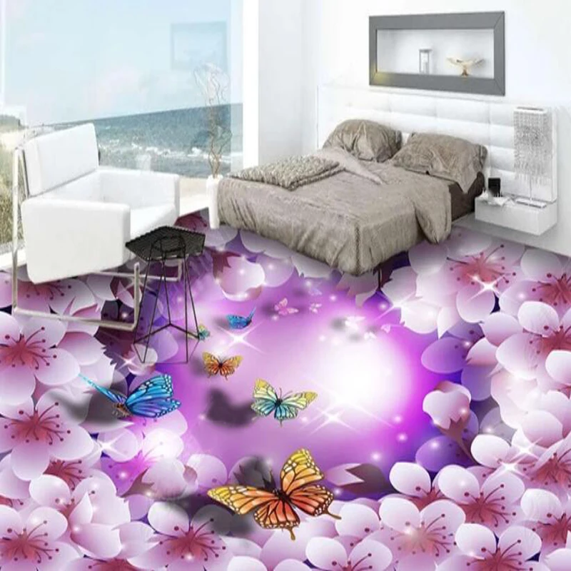 

3D Floor Tiles Mural Wallpaper Modern Fashion Purple Flower Butterfly Floor Sticker Living Room Bedroom PVC Waterproof 3D Fresco