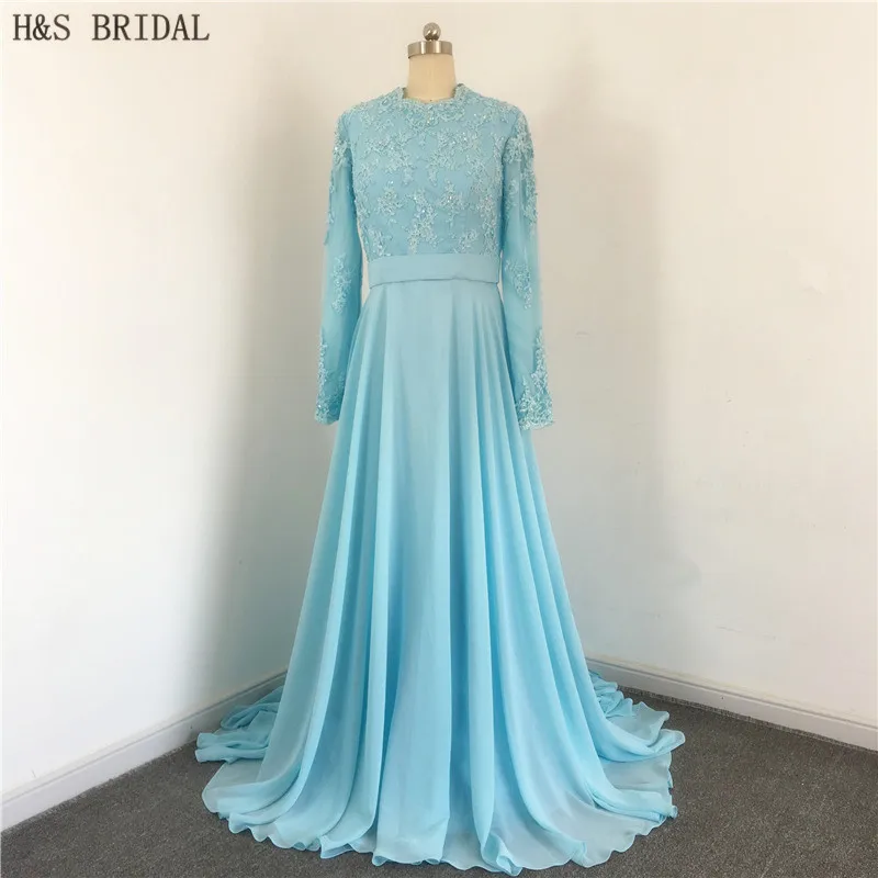 Blau Elegante O Neck Chiffon Zurück Mit Tasten Drapierte Wulstige Abdeckung vorder-Und Rückseite Muslim Spitze mutter der braut kleider echt