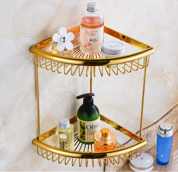 

Top Quality Brass Gold Double Tiers Bathroom Corner Shelves With Robe Hook Basket Holder Bathroom Soap Holder Bath Shampoo Shelf