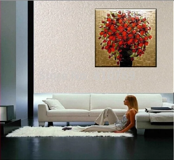 

Handpainted Oil Painting High Quality on Canvas Red Flowers Room Decorations Beautiful Hang Pictures as Best Gift