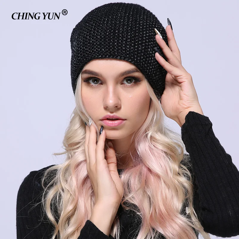 CHING YUN 2018 winter Knitted Skullies Warm hats for women Cashmere knit beanie hat female wool Fluffy lining Silver plated yarn