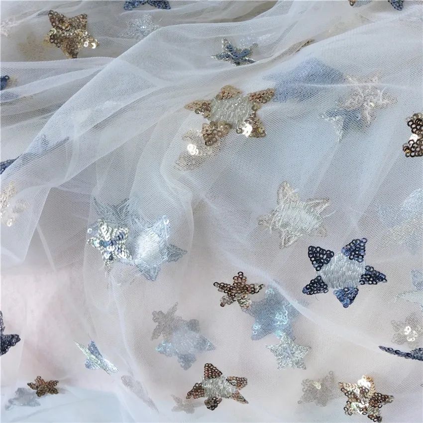 1 Yards New Fashion Sequin Star Embroidery Print Lace Tulle Fabric For Bridal Gown Dress 91*150cm