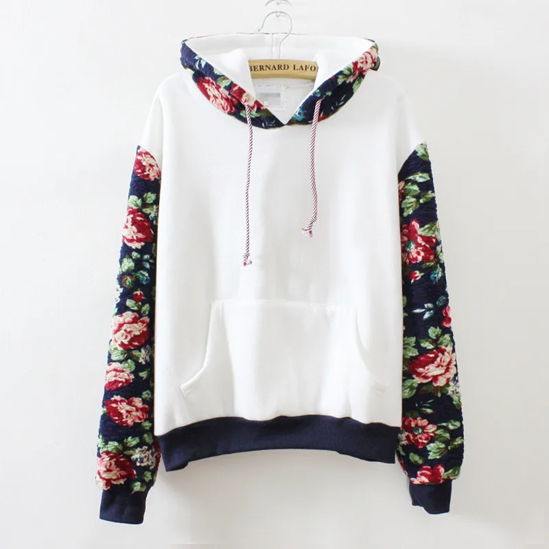 

[EL BARCO] Winter Floral Print Hoodies Sweatshirt for Women Casual Long Sleeve White Grey Black Female Pullover Tops Fleece Coat