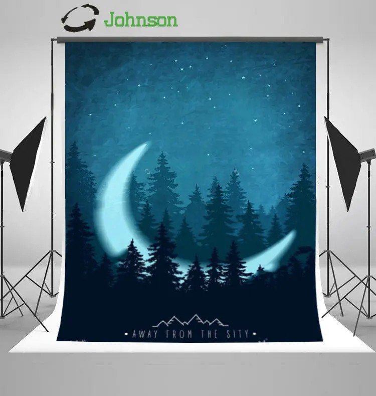 Woodland Tree Forest Night Sky Crescent Moon Outdoors Town backdrop polyester or Vinyl cloth Computer print wall background