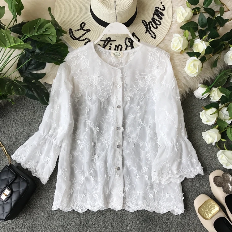 

Women's spring summer long sleeve vintage mesh shirt female casual loose embroidery lace shirt tops TB1193